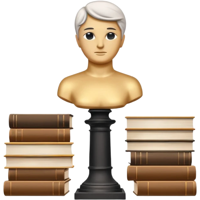 Minimalistic flat vector icon, iOS style, thin black contour on white background. Bust statue on a small pedestal next to a stack of books, symbolizing classic literature. Clean, no text, no shadows emoji
