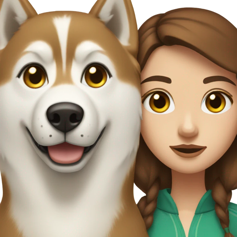White Woman hair brown and bleus eyes and golden Husky With green eyes emoji