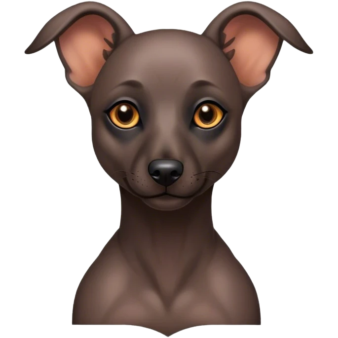 Cinematic Noble Xoloitzcuintle dog Portrait Emoji, Poised and regal, with a sleek, muscular build and smooth, hairless ebony skin accented by subtle wrinkles, deep-set soulful dark eyes, Simplified yet sharp and sophisticated features, highly detailed, glowing with a soft, dignified glow, high shine, intelligent and loyal, stylized with an air of ancient grace, focused and attentive, soft glowing outline, capturing the essence of a watchful and confident guardian, so majestic it feels as though it could stride out of the screen with effortless authority! emoji