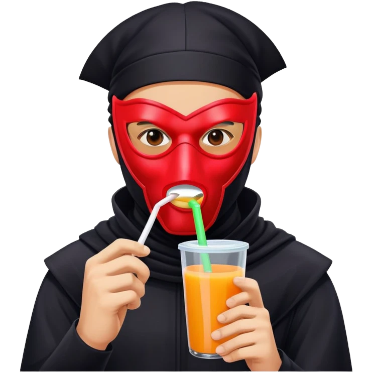 Masked man in dark clothing holding and drinking from a juice box with a straw, comical contrast between serious masked appearance and innocent juice emoji