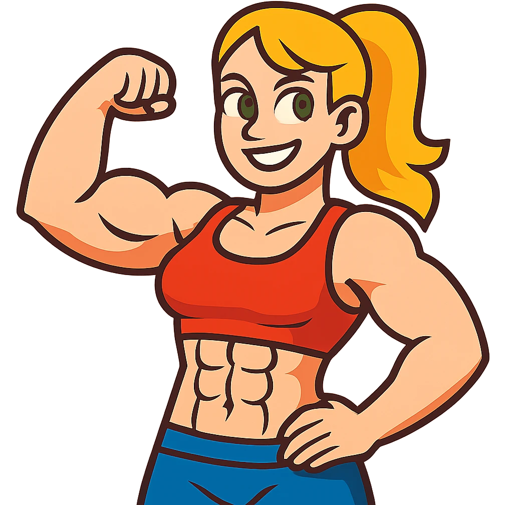 muscular white girl with blonde hair and green eyes, flexing 6 pack abs and one arm bicep emoji