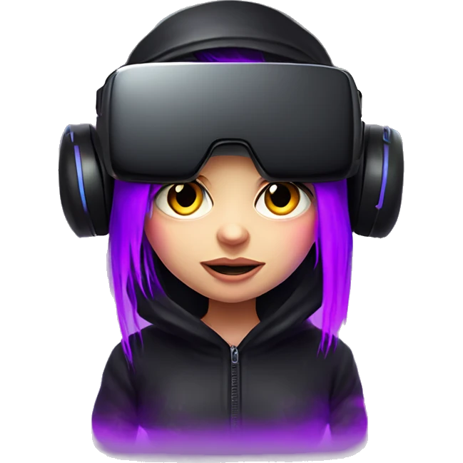 Russian girl wearing black hoody with violet letters "OMG", in vr headset. Cyberpunk style. Violet neon. emoji