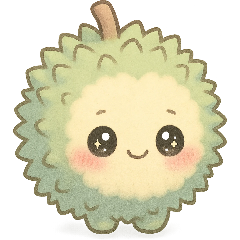 soft fluffy round durian in chibi style, green spiky shell, yellow flesh, blushing, shy, sparkly eyes, pastel tones, full-body emoji