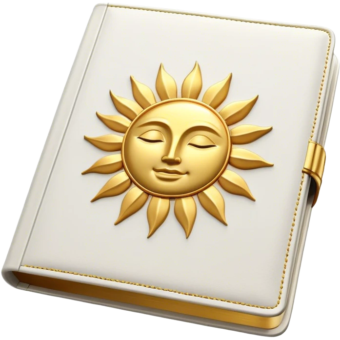 A white leather book with golden accents, smooth and polished, embossed with a symbol of six pillars, a sun, or a glowing mirror, radiating strength, confidence, and the power of self-worth.  emoji