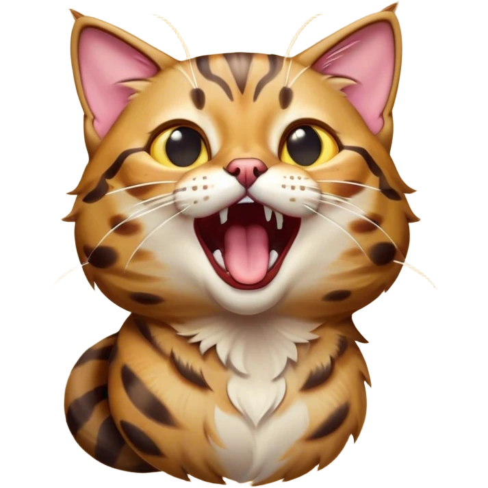 Cinematic Comical Bengal Cat Portrait Emoji, Head tilted dramatically while yawning exaggeratedly, sleek spotted brown and gold fur, Simplified yet hilariously adorable features, highly detailed, glowing with an almost sarcastic glow, high shine, a mix of lazy and curious, stylized with a touch of playful whimsy, bright and alert but with a comical expression, soft glowing outline, capturing the essence of a mischievous yet overly dramatic kitten, so meme-worthy it feels like it could leap off the screen and sarcastically demand attention, perfect for the internet's next viral meme! emoji