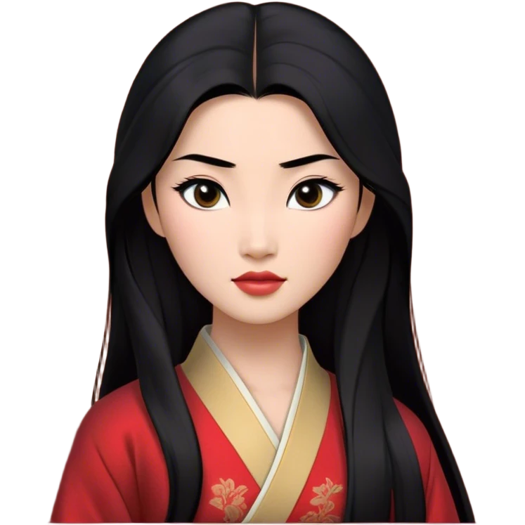 Cinematic Realistic Mulan Portrait, depicted with lifelike skin texture, soft natural lighting, and intricately detailed long black hair styled elegantly. Her deep, expressive eyes exude determination and grace, complemented by a serene yet confident expression. She is dressed in her classic attire, with rich fabric textures and delicate folds that catch the light beautifully. The portrait features a soft, enchanting glow with a natural, radiant finish, capturing the essence of timeless strength and beauty in a realistic and painterly style, evoking a sense of depth and authenticity. emoji