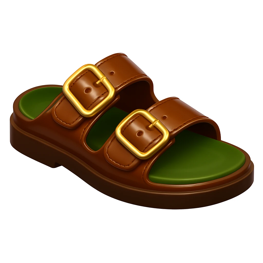 Keep the image exactly the same, just make the sole of the shoe brown. Add a glossy effect to the leather. The style is iOS emoji style, 3D, shiny, smooth gradients, soft shadows, realistic brown sandal with straps, classic emoji look. emoji