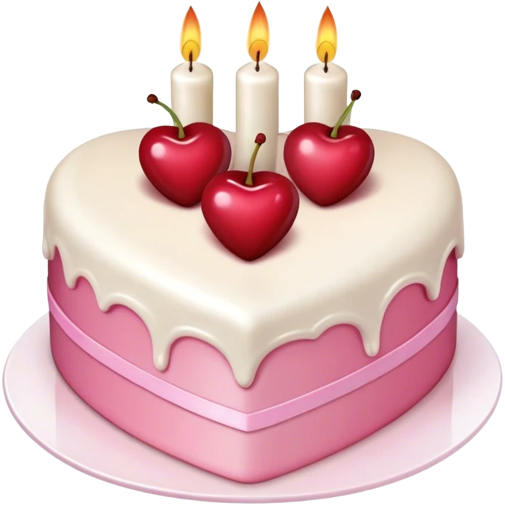 White and pink layered heart shaped cake mini cherries on top and 3 candles coquette emoji