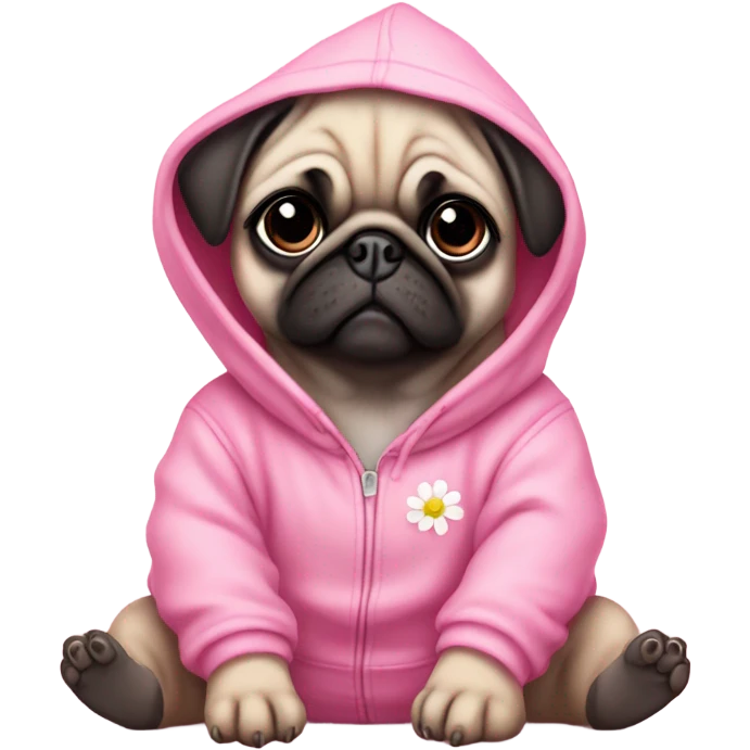 Cute Baby Pug with pink eyes wearing a pink hoodie sitting in daisy's  emoji