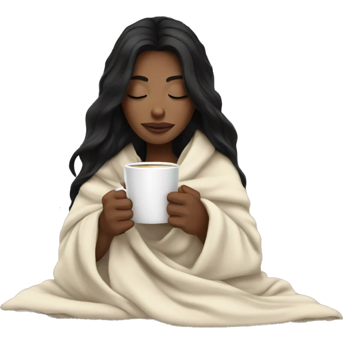 white girl with black hair inside a blanket sipping coffee eyes closed emoji
