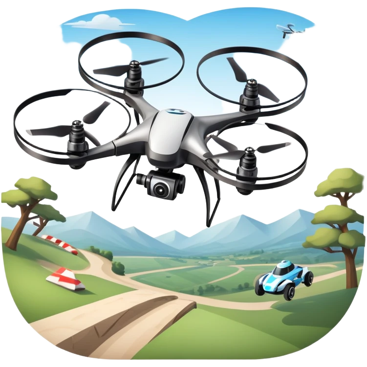 An icon showing a racing quadcopter drone in the foreground, flying at high speed through a course filled with obstacles and checkpoints. Other drones zoom in the background over a dynamic landscape. Transparent background highlights the thrill and precision of drone racing. emoji