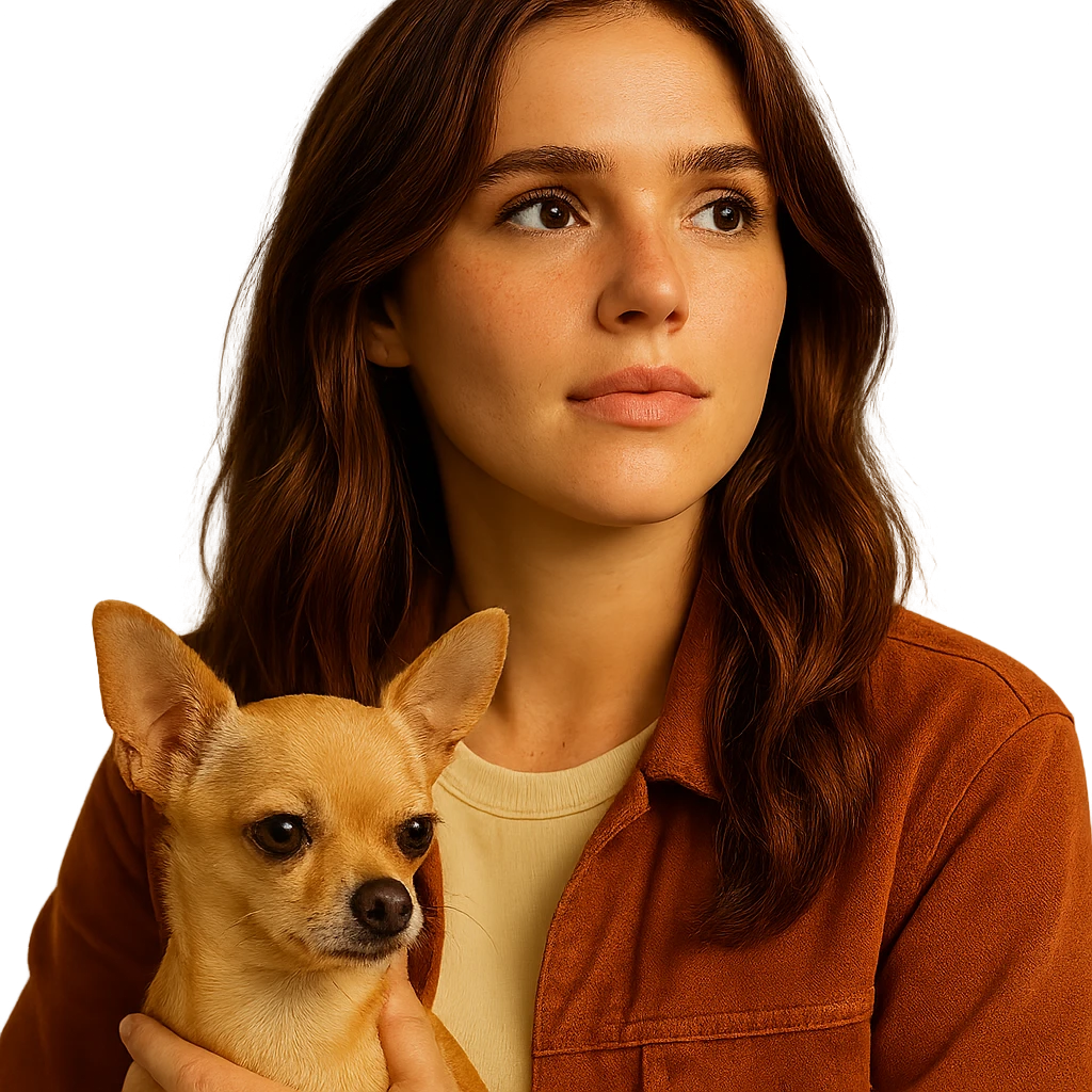 Portrait for Instagram profile picture inspired by the facial features visible in the reference images, with a tanned complexion, subtle freckles, wearing a shirt in color #FFF8CA and a rust-colored jacket, medium-length brown hair with auburn highlights, dreamy and inspired expression, holding a beige-brown chihuahua, in the style of a Netflix series, transparent background, intimate Tenerife ambiance. emoji