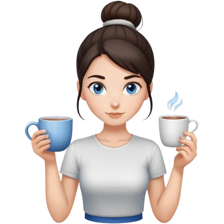 With her dark brown hair pulled back in a bun, and captivating grey-blue eyes, the girl holds a mug of tea, the steam rising like a gentle promise of warmth, clad in a simple white t-shirt.  emoji