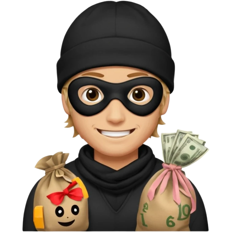 smiley robber wears black eye mask and black beanies with money bag beside him emoji