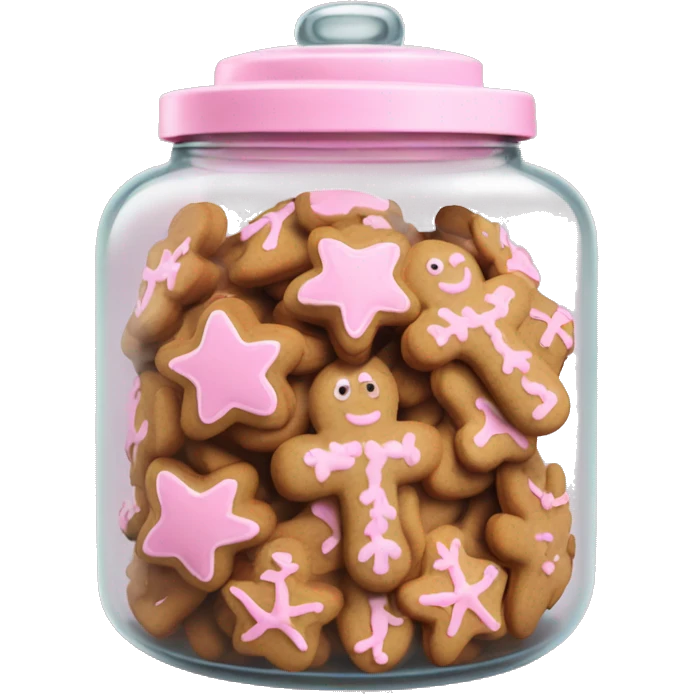 Realistic glass cookie jar with light pink lid full of gingerbread cookies isolated.  emoji