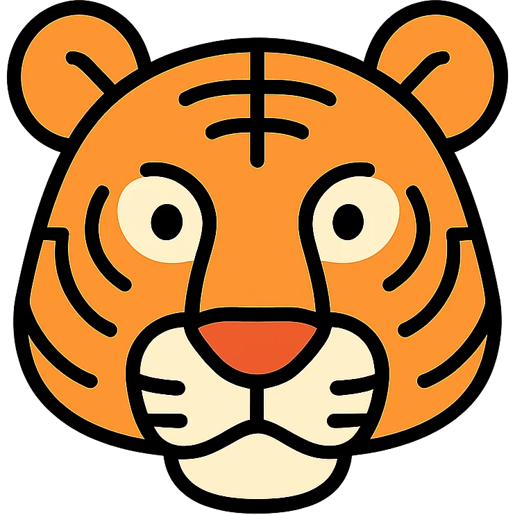 stylized tiger head icon, large ears, curved snout, bold stripes, modern icon style emoji