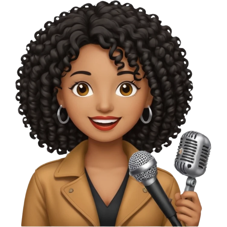 brown skin woman, curly black hair, singer, hold micro emoji