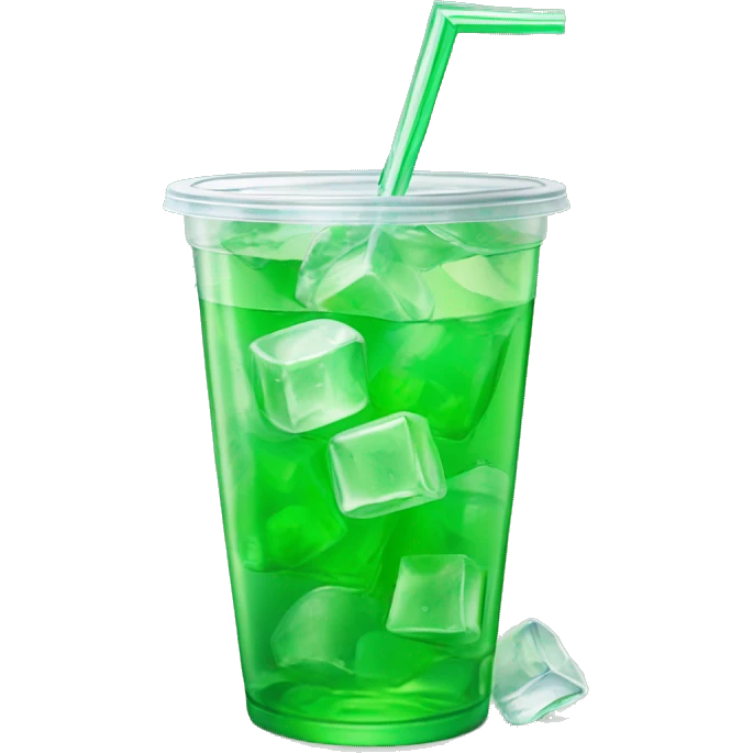Realistic see through plastic cup and lid with half full Transluscent green soda,straw and large ice cubes inside. emoji