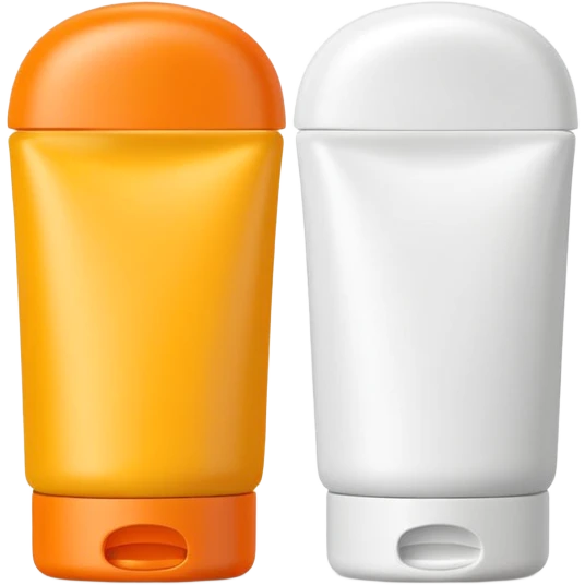 sleek squeezable tube with rounded flip-top cap, bright summer colors orange yellow white, compact slightly curved shape, outdoor use, clean matte surface, lotion or cream inside, no label, no hand, no extras, soft lighting, subtle shadows, emoji scale emoji