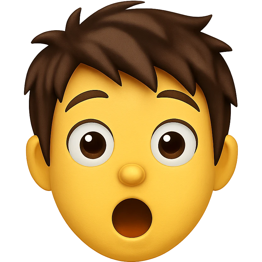 emoji face of a young person with short tousled brown hair, light skin, surprised expression emoji