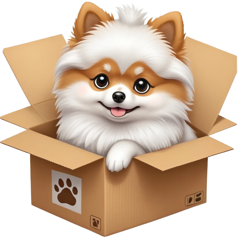  A very cute young pomeranian  with one's head tilted to one side poked its paws out of the cardboard big box and placed them on top of it emoji