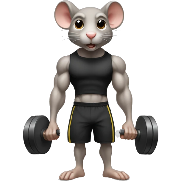 Create an emoji of a rat lifting weights with a determined expression. Make it look like a true gym enthusiast.Using a uniform with the text "Alter" in the tshirt emoji