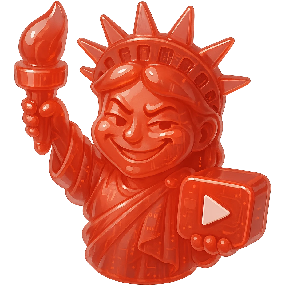 red Statue of Liberty with a playful sarcastic grin, red YouTube play button, glossy circuit style emoji