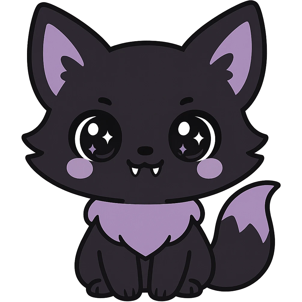 kawaii style gothic fox, adorable face, black and purple fur, sparkling eyes, tiny fangs, sweet and spooky emoji