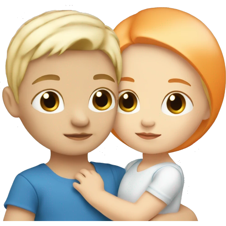 White orange hair girl wearing blue holding white blonde baby boy emoji