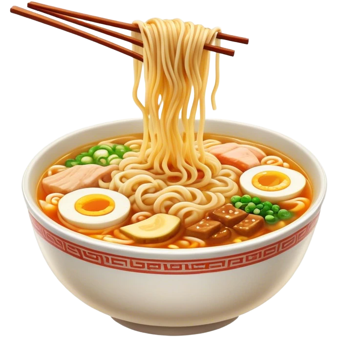 Cinematic Realistic Ramen Dish Emoji, showcasing a steaming bowl of rich broth with noodles and toppings rendered with dynamic textures and inviting, warm lighting. emoji