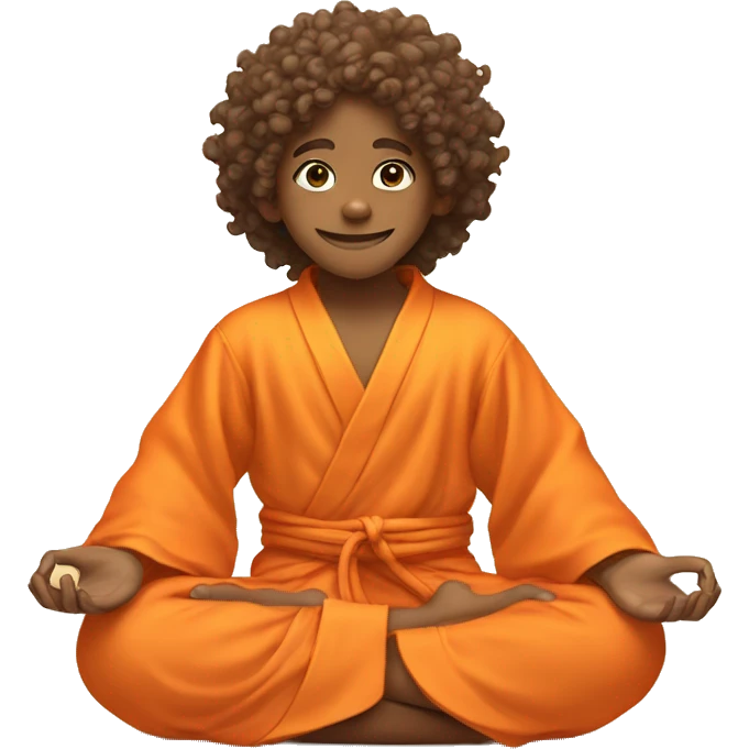 happy kid in an orange spiritual robe, curly hair, meditating in lotus position emoji