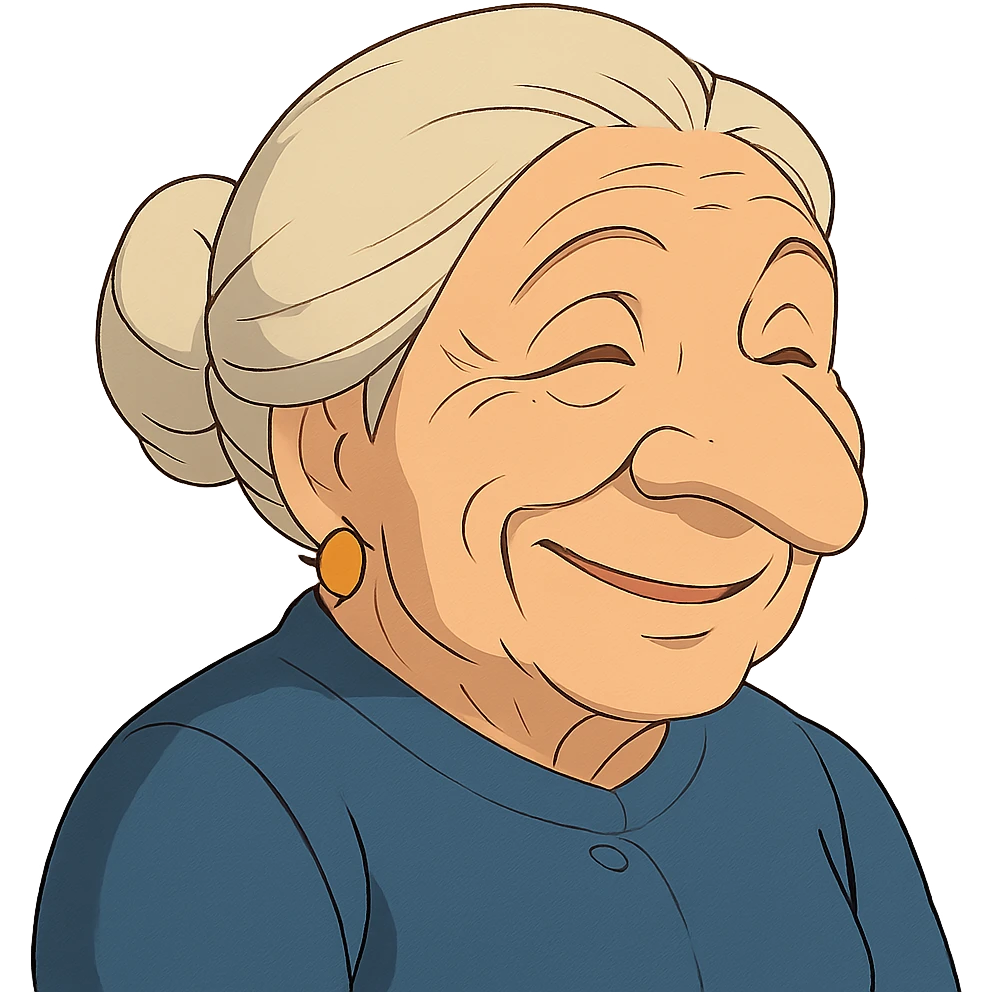 older woman with a big nose, smiling emoji