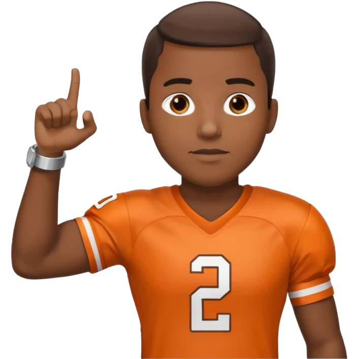 Black man in a brown and orange football jersey holding up his left arm with a watch on, pointing at the watch with his right hand emoji