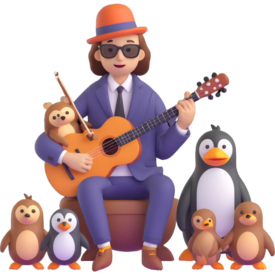 creative, sleepy musician with stylish clothes and dachshund, penguin, and sloth friends emoji
