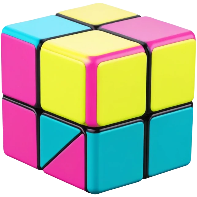 A 3x3 Rubik's Cube with radical 90s American color scheme, slightly twisted position, fluorescent colors, teal, hot pink, neon yellow, and purple emoji