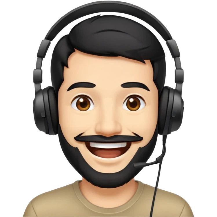 laughing man with black hair, brown eyes, black beard wearing gaming headset emoji