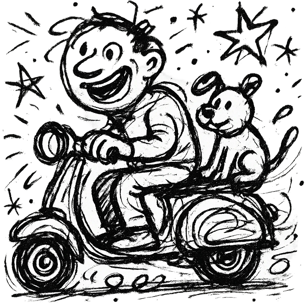 man and his pet dog riding a vespa emoji