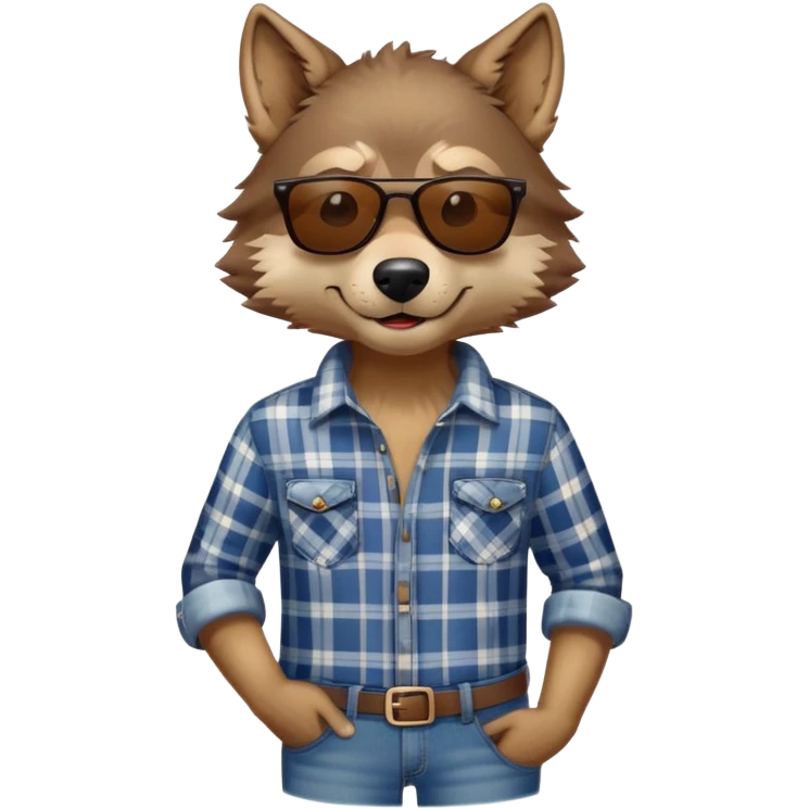 head and shoulders friendly brown-furred anthropomorphised wolf in plaid shirt and jeans, wearing dark sunglasses, relaxed pose emoji