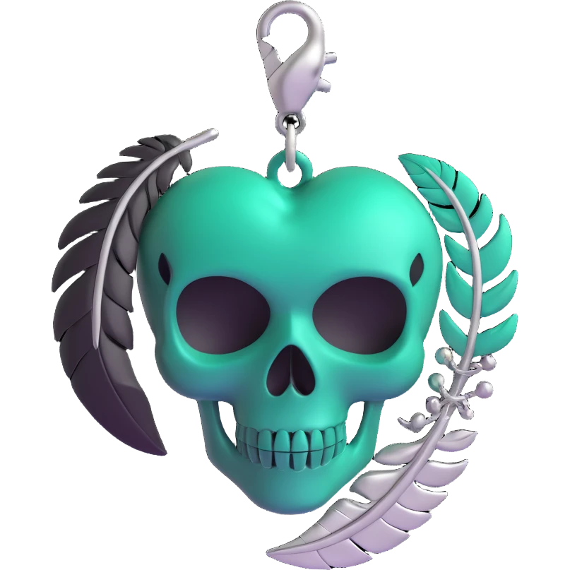 3D emoji gothic heart, dark emerald glass, silver skull charm, feather accents, lush and gothic emoji
