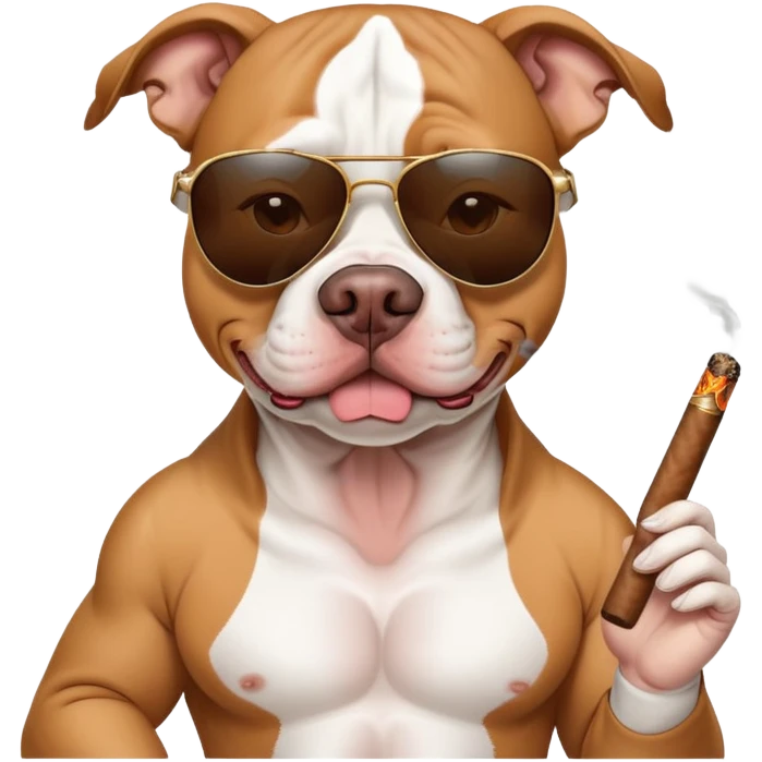 tan and white pitbull wearing sunglasses smoking a cigar emoji