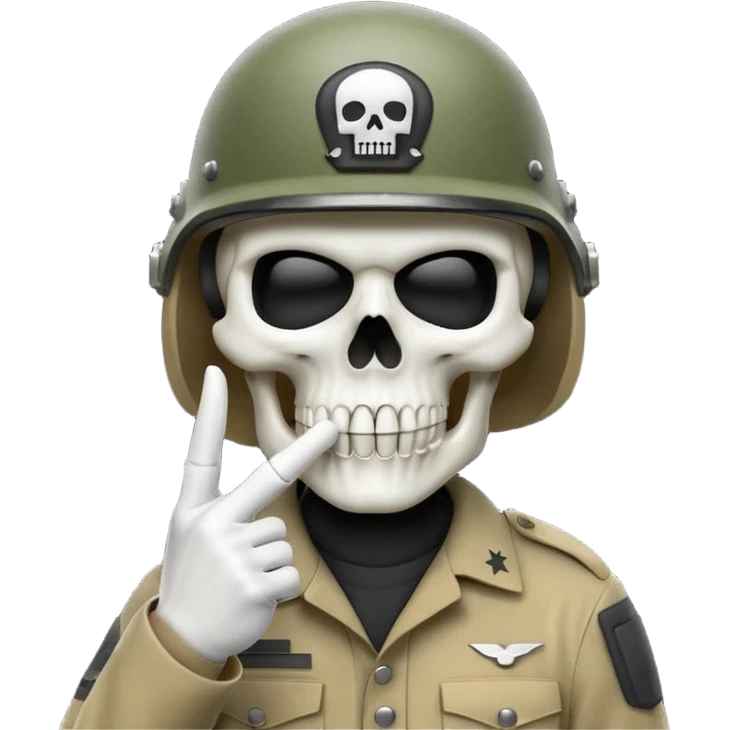 A bold emoji-style (bodyless) white skull wearing a realistic modern army helmet, making a shushing gesture (index finger bone held up to mouth area). Clean vector style,modern emoji aesthetic.The helmet has detailed realistic texture. emoji