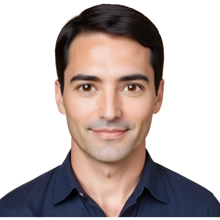 Man in his 40s with wide square face, marked jawline, full cheeks, friendly expression, medium dark brown eyes, thick natural eyebrows, straight wide nose, medium lips curved slightly upward in a relaxed smile, short neat dark brown almost black hair, wearing a navy blue button-up shirt emoji