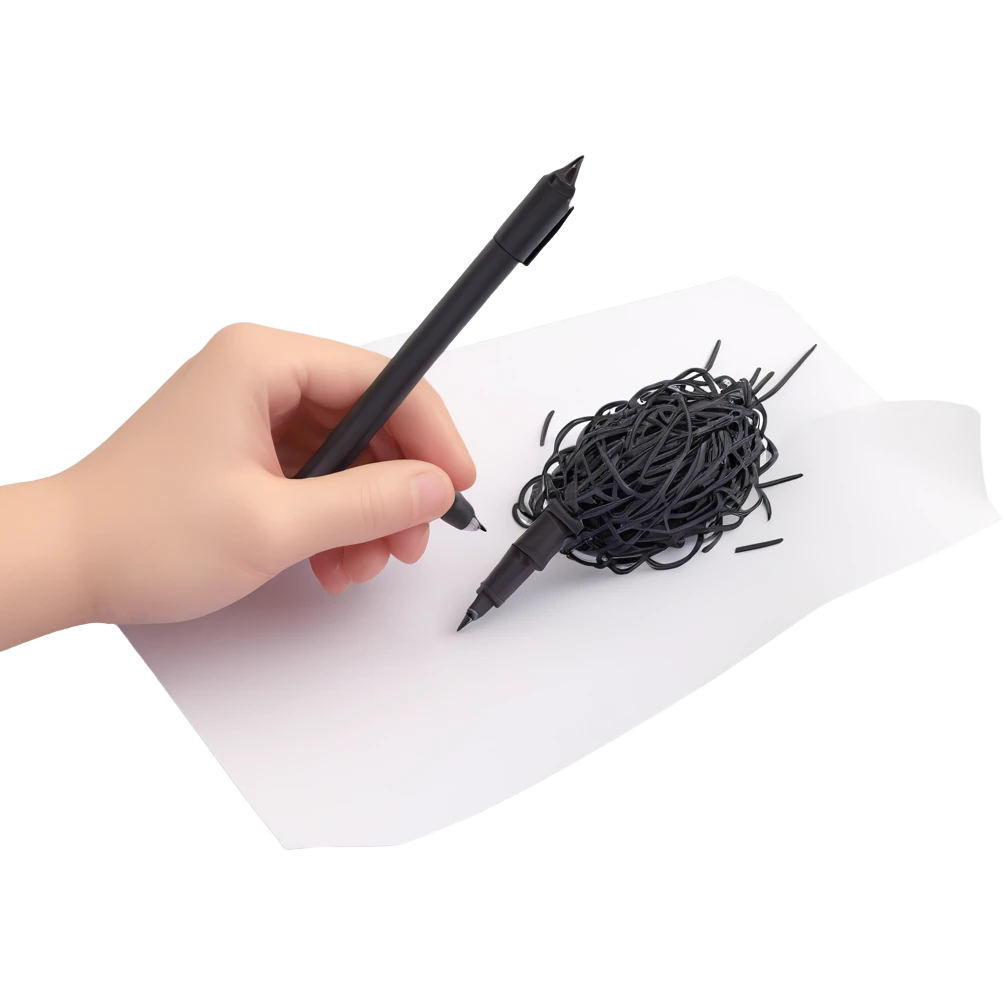 A hand holding a pen, aggressively scribbling on a piece of paper. The pen is clearly visible. The paper is filled with random black scribbles, so dense that most of it looks nearly black emoji