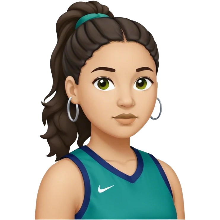 plus size light skin latino women basketball player with wavy dark hair in pony tail flat wide nose wearing blue green  uniform emoji