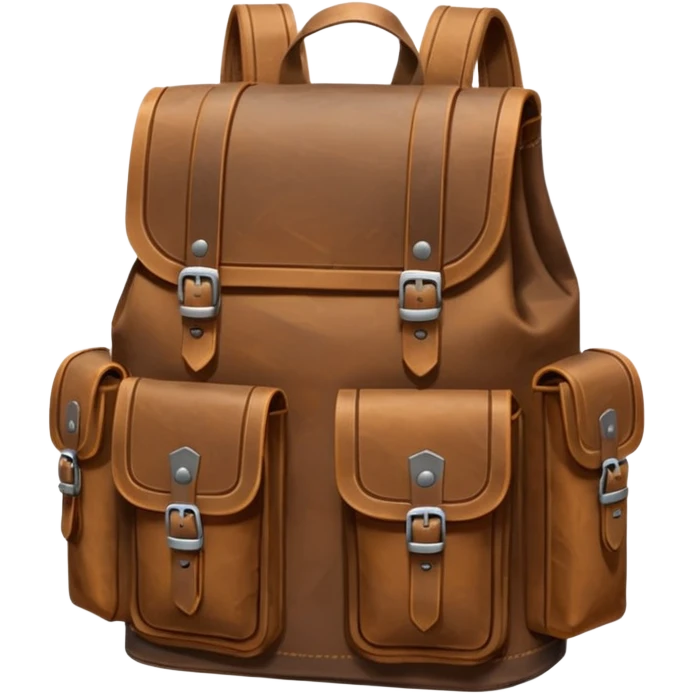 A sturdy, weathered leather backpack with metal-reinforced flaps and deep, practical pockets. Scratched and rugged from long travel, it has a solid, utilitarian look—built for harsh roads and hard use. emoji