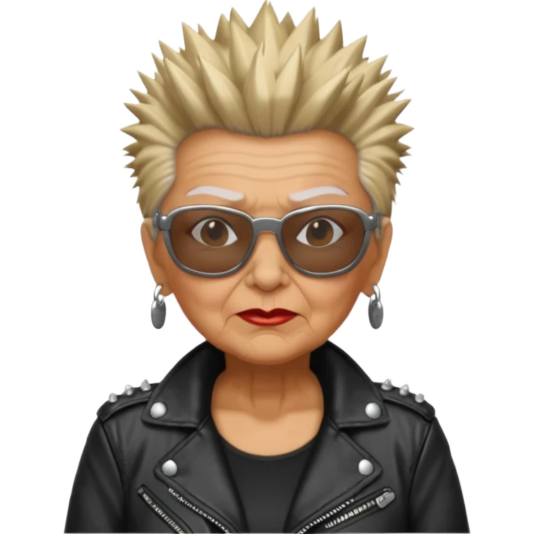 A punk grandma with a leather jacket, spiked hair, and sunglasses emoji