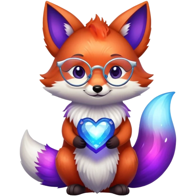 small magical fox with shimmering purple and blue fur, glowing fluffy tail, silver star on forehead, round glasses, tiny lantern, hugging a big red heart emoji