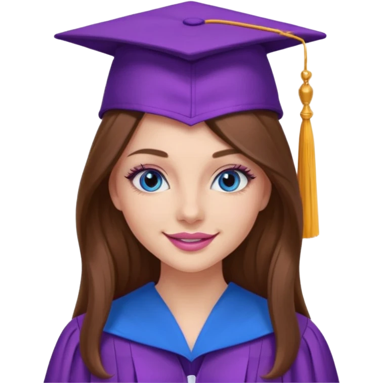 girl with gorgeous long brown hair, blue eyes, long lashes makeup, sexy pink lips, wearing a purple graduation cap and gown emoji