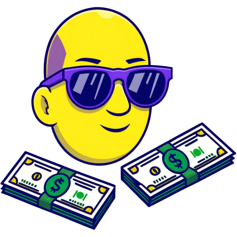 yellow face with green money signs for eyes, wearing slightly transparent black sunglasses, money symbols on face emoji