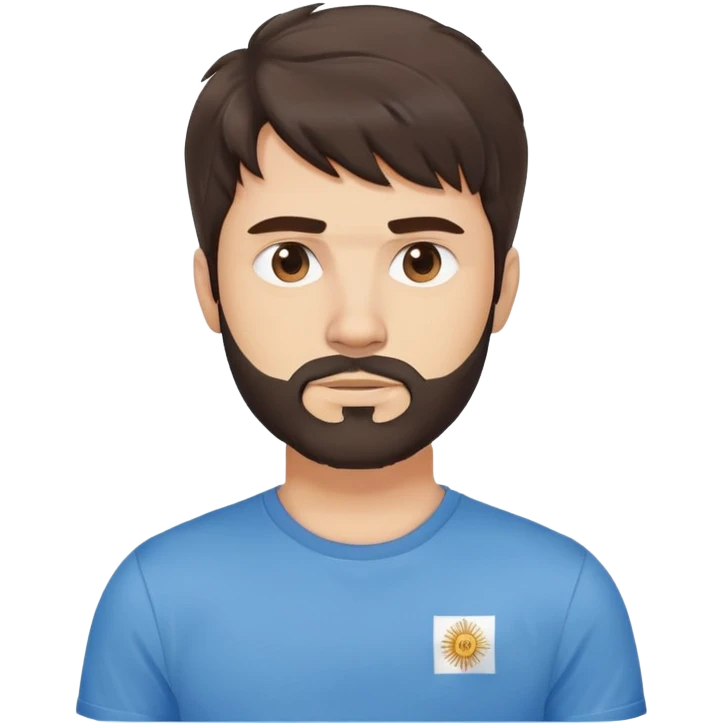 Argentine male with longer wavy dark brown hair reaching shoulders, wavy bangs, short complete beard, serious neutral face, wearing plain blue t-shirt emoji